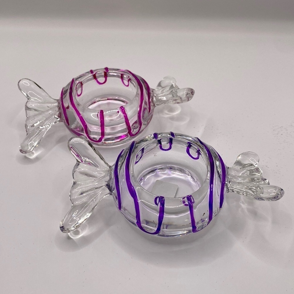 Partylite Glass Hard Candy Wrap Jollyville Set 2 Tealight Candle Holders Holiday